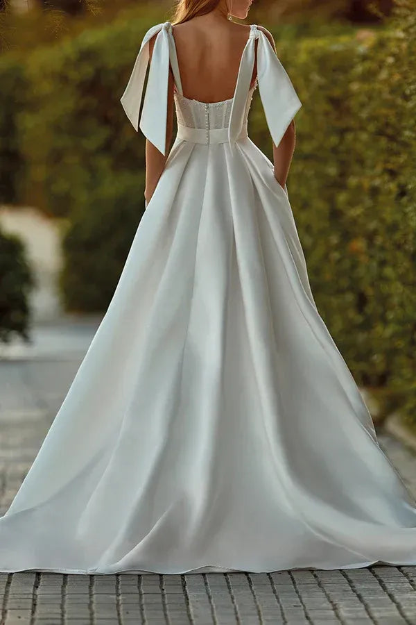 Whimsical Sweetheart Bow-Strap A-Line Floor-Length Wedding Dress