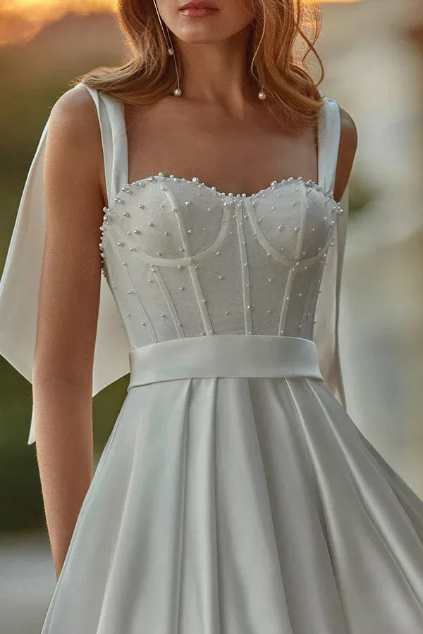 Whimsical Sweetheart Bow-Strap A-Line Floor-Length Wedding Dress