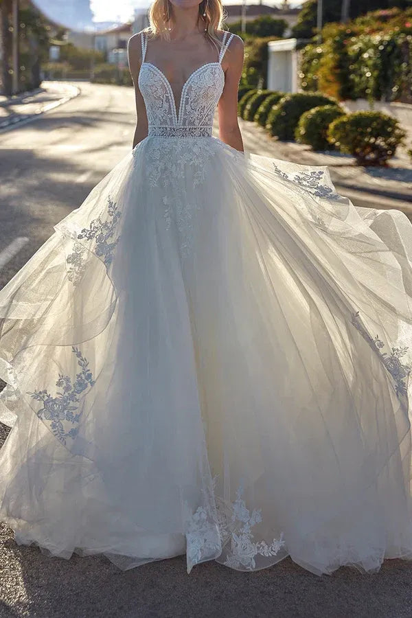 Whimsical Sweetheart Spaghetti-Strap A-Line Floor-Length Wedding Dress