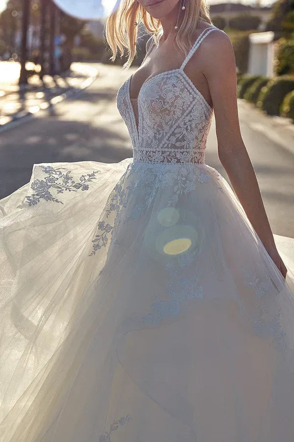 Whimsical Sweetheart Spaghetti-Strap A-Line Floor-Length Wedding Dress