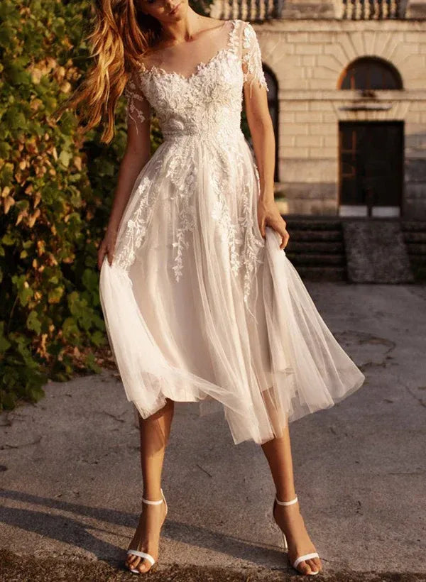 Whimsical Tea-Length Sweetheart-Neck Short-Sleeve Wedding Dress