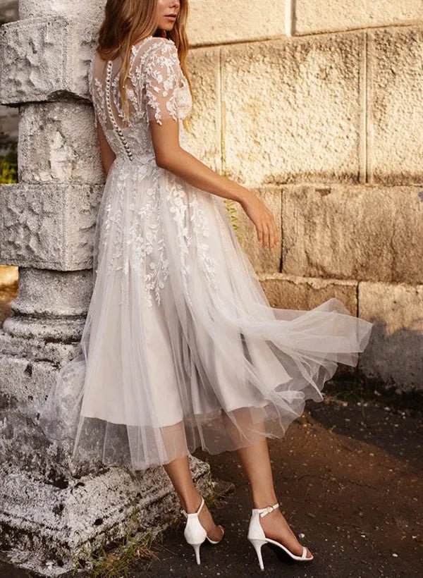 Whimsical Tea-Length Sweetheart-Neck Short-Sleeve Wedding Dress
