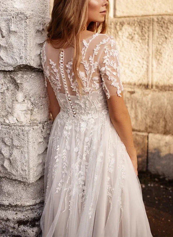 Whimsical Tea-Length Sweetheart-Neck Short-Sleeve Wedding Dress