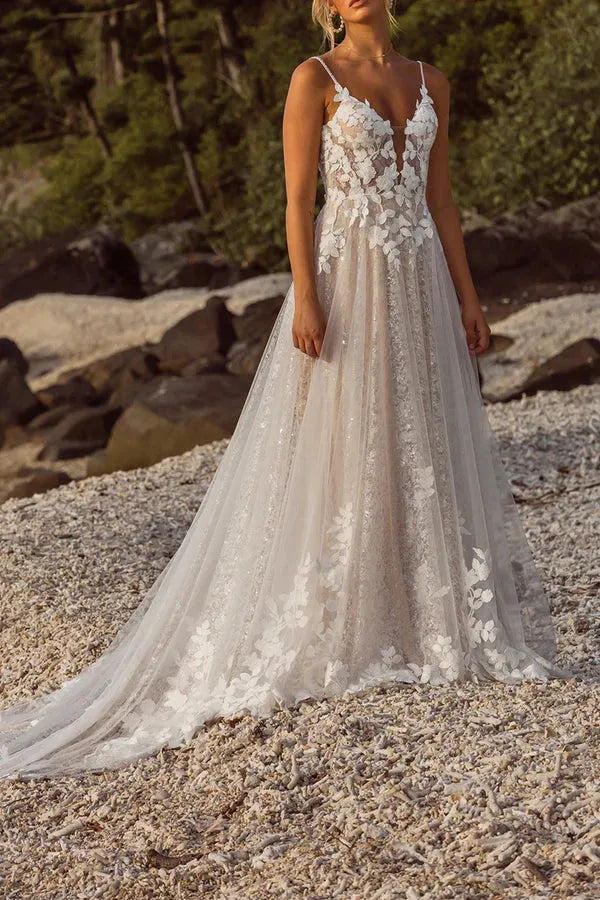 Whimsical V-Neck Spaghetti-Strap A-Line Floor-Length Wedding Dress