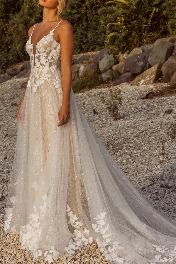 Whimsical V-Neck Spaghetti-Strap A-Line Floor-Length Wedding Dress