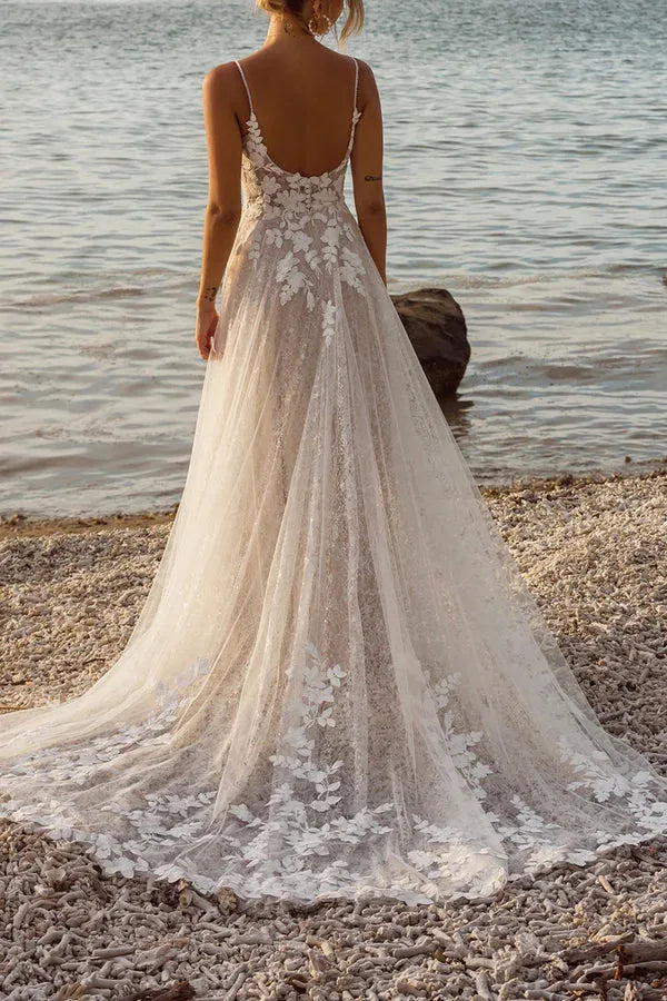 Whimsical V-Neck Spaghetti-Strap A-Line Floor-Length Wedding Dress