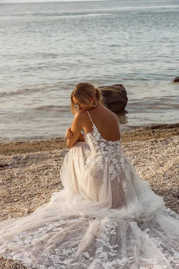 Whimsical V-Neck Spaghetti-Strap A-Line Floor-Length Wedding Dress