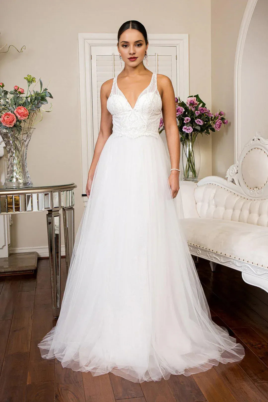 Wholesome A-Line V-Neck Spaghetti-Strap Floor-Length Wedding Dress